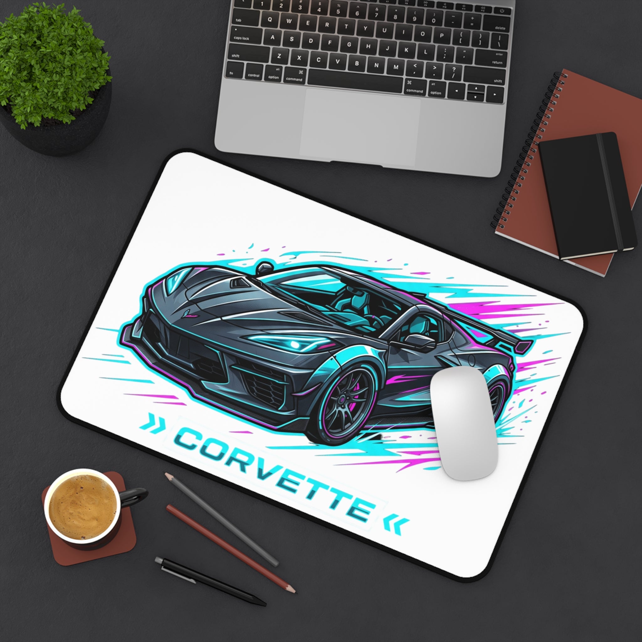 Corvette Racing Desk Mat — Neon Sports Car Mousepad for Gamers & Car Enthusiasts