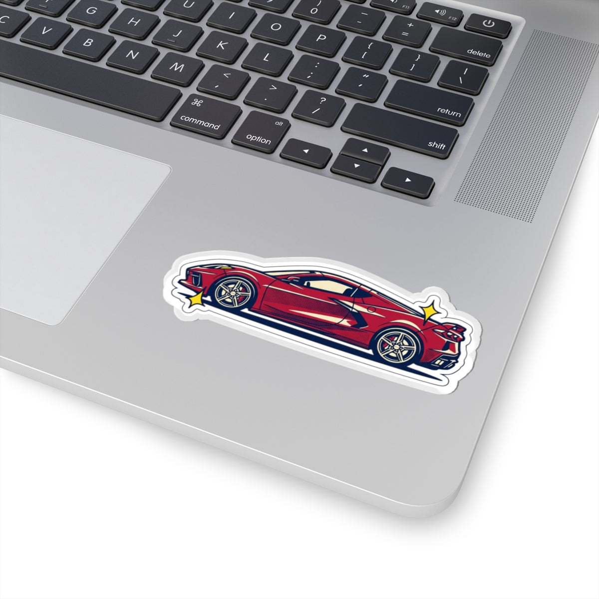 Red Sports Car Kiss-Cut Sticker — Sleek Corvette Racing Decal for Laptops & Cars