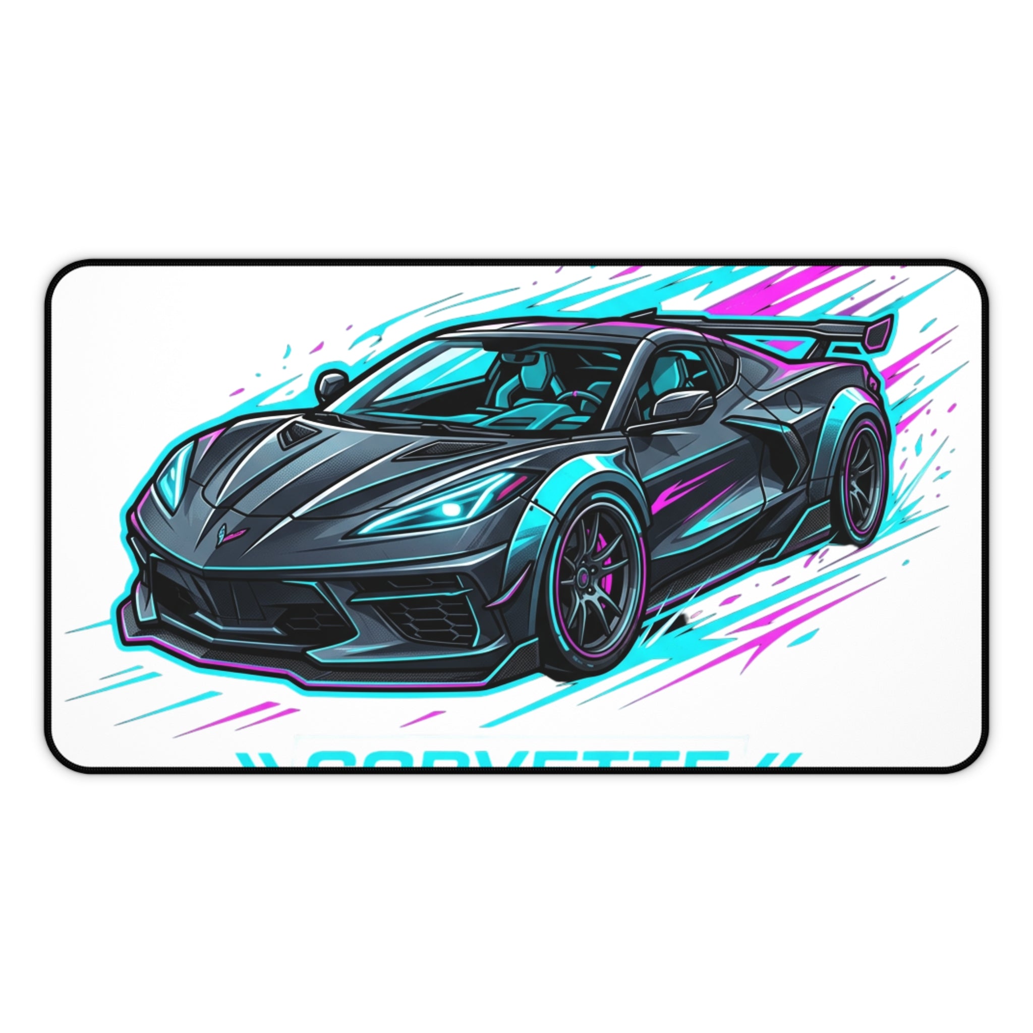 Corvette Racing Desk Mat — Neon Sports Car Mousepad for Gamers & Car Enthusiasts