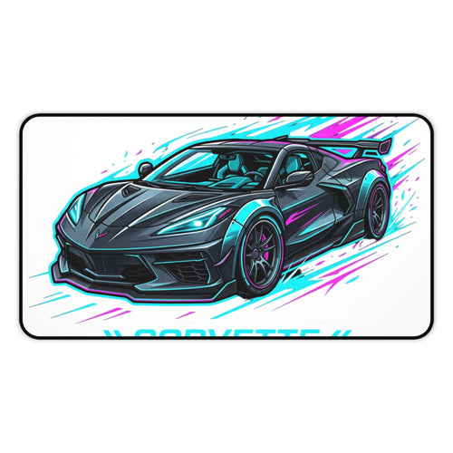 Corvette Racing Desk Mat — Neon Sports Car Mousepad for Gamers & Car Enthusiasts