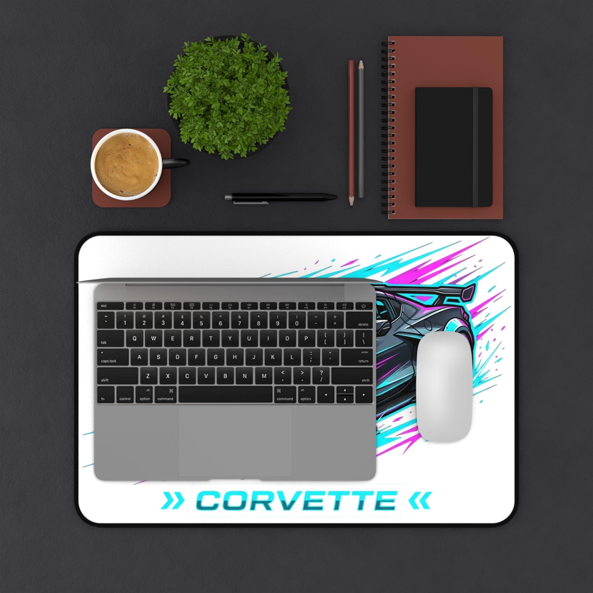 Corvette Racing Desk Mat — Neon Sports Car Mousepad for Gamers & Car Enthusiasts