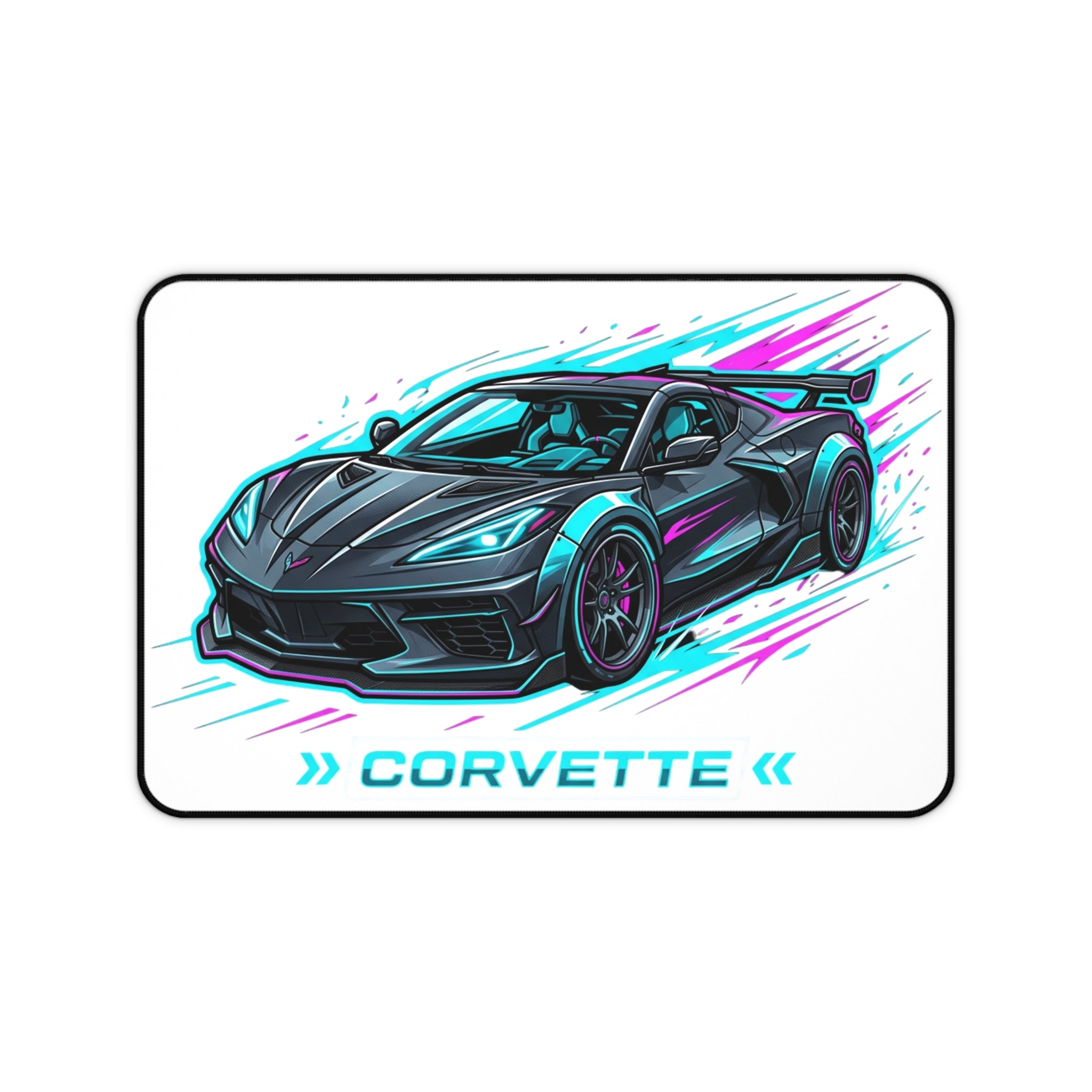 Corvette Racing Desk Mat — Neon Sports Car Mousepad for Gamers & Car Enthusiasts